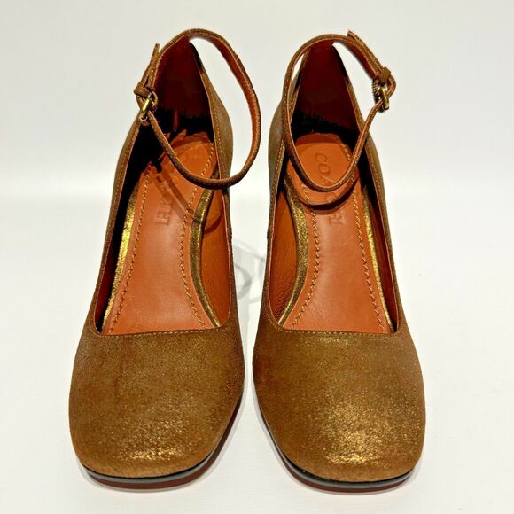 NWOB Coach Gold Metallic Leather Ankle Strap High Heel Pump Women’s Size 6B - Picture 3 of 15